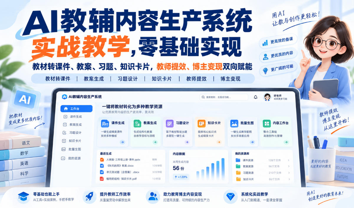 【无水印】AI教辅内容生产系统实战教学,零基础实现教材转课件、教案、习题、知识卡片,教师提效、博主变现双向赋能(更新0926)-小艾项目网