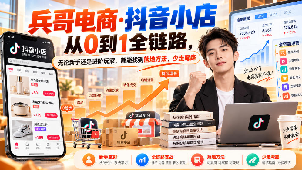 【无水印】兵哥电商·抖音小店从0到1全链路，无论新手还是进阶玩家，都能找到落地方法，少走弯路(更新9月)-小艾项目网