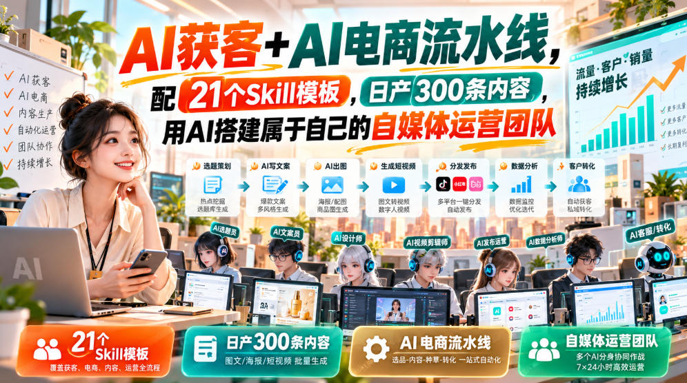 AI获客+AI电商流水线,配21个Skill模板,日产300条内容,用AI搭建属于自己的自媒体运营团队-小艾项目网