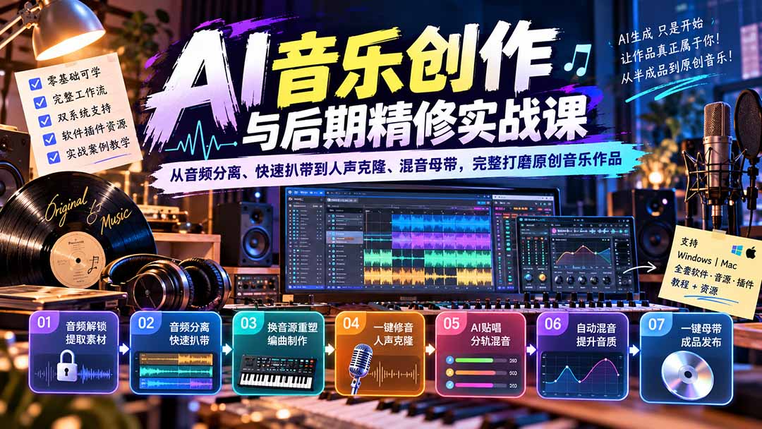 AI音乐创作与后期精修实战课:从音频分离、快速扒带到人声克隆、混音母带,完整打磨原创音乐作品-小艾项目网