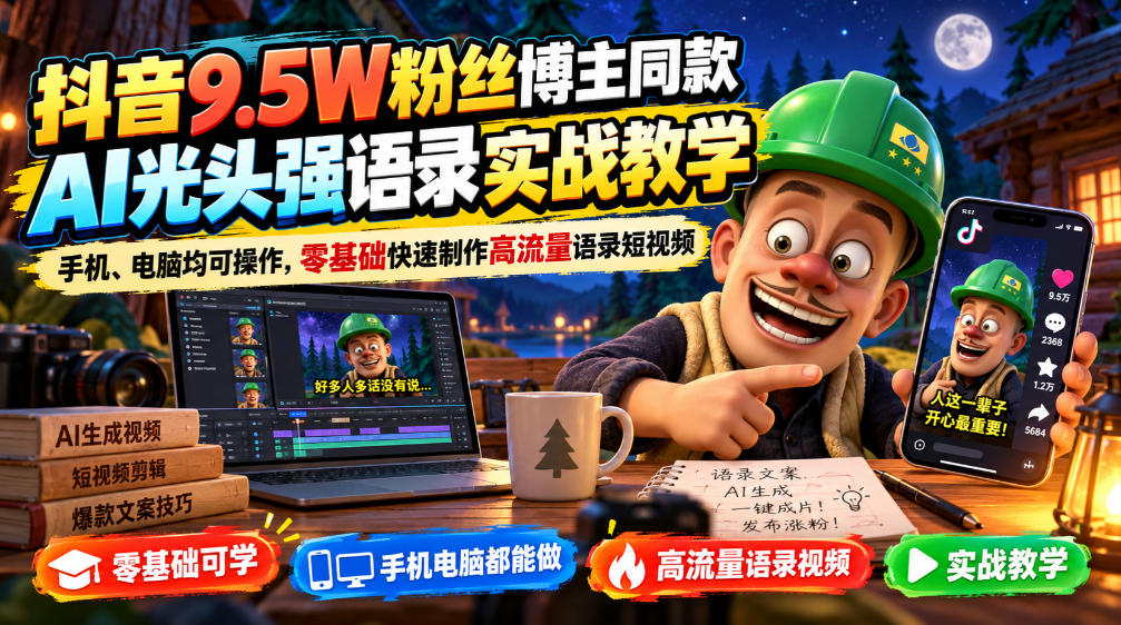 抖音9.5W粉丝博主同款AI光头强语录实战教学，手机、电脑均可操作，零基础快速制作高流量语录短视频-小艾项目网