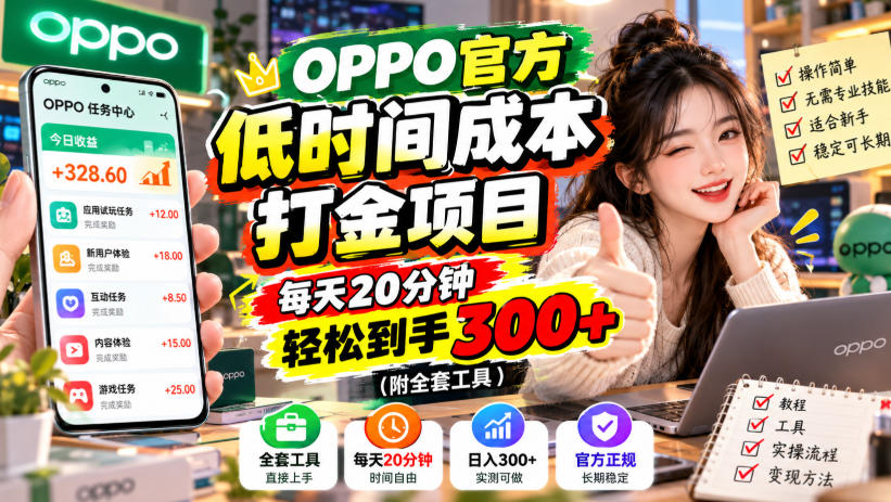 OPPO官方低时间成本打金项目,每天20分钟,轻松到手300+(附全套工具)【揭秘】-小艾项目网