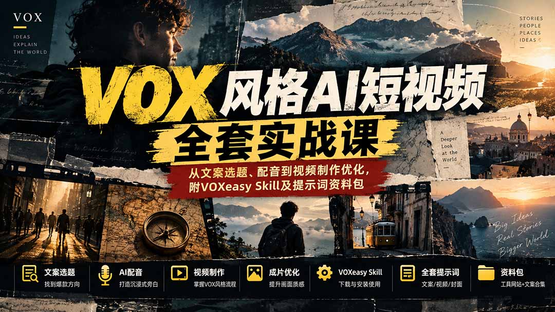 【无水印】VOX风格AI短视频全套实战课:从文案选题、配音到视频制作优化,附VOXeasy Skill及提示词资料包-小艾项目网