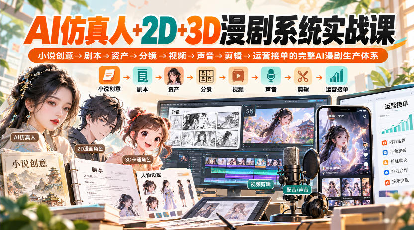 【无水印】AI仿真人+2D+3D漫剧系统实战课,小说创意→剧本→资产→分镜→视频→声音→剪辑→运营接单的完整AI漫剧生产体系-小艾项目网