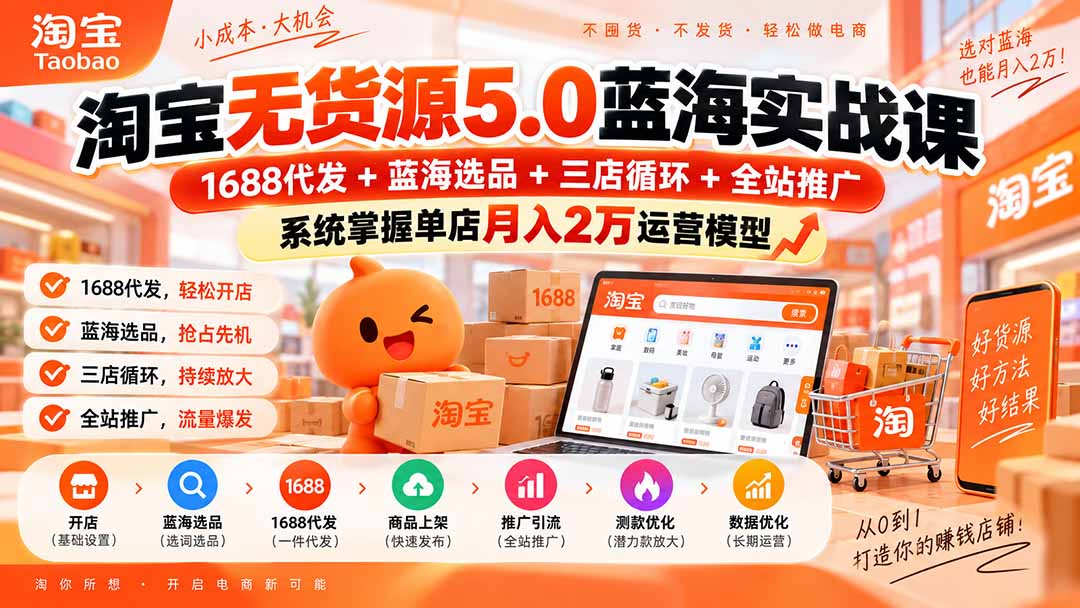 淘宝无货源5.0蓝海实战课-更新0927：1688代发+蓝海选品+三店循环+全站推广，系统掌握单店月入2万运营模型-小艾项目网
