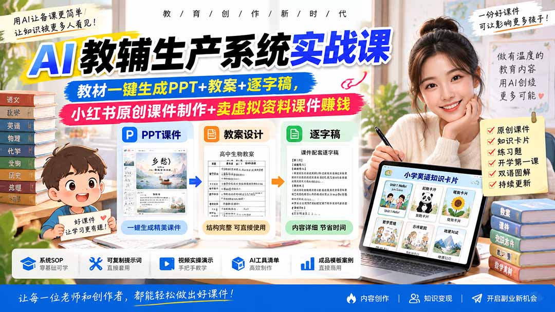 AI教辅生产系统实战课-更新0926｜教材一键生成PPT+教案+逐字稿，小红书原创课件制作+卖虚拟资料课件赚钱-小艾项目网