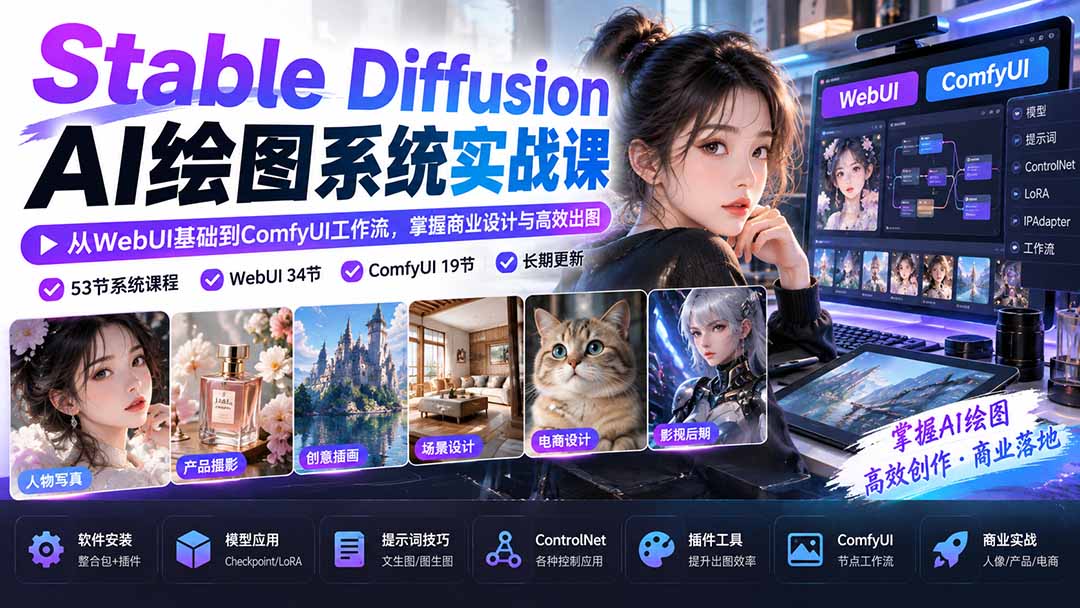 【无水印】Stable Diffusion AI绘图系统实战课:从WebUI基础到ComfyUI工作流,掌握商业设计与高效出图-小艾项目网