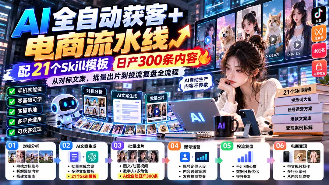 【无水印】AI全自动获客+电商流水线：配21个Skill模板，日产300条内容，从对标文案、批量出片到投流复盘全流程-小艾项目网
