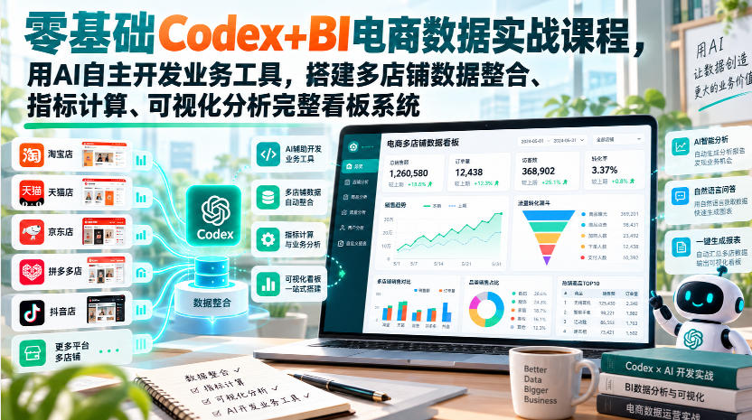 零基础Codex+BI电商数据实战课程，用AI自主开发业务工具，搭建多店铺数据整合、指标计算、可视化分析完整看板系统-小艾项目网