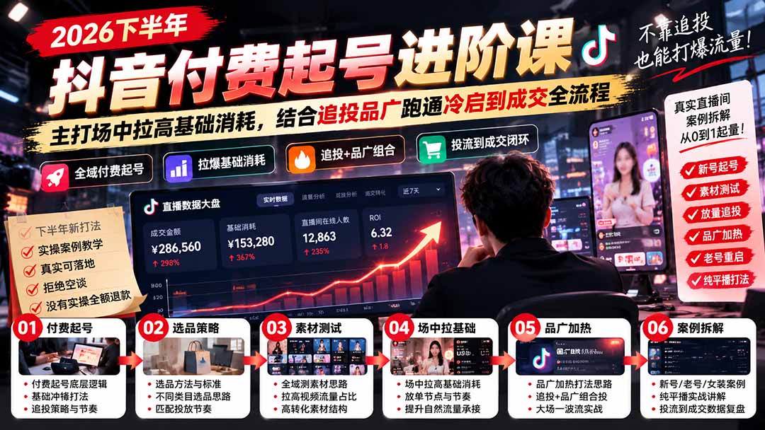 2026下半年抖音付费起号进阶课：主打场中拉高基础消耗，结合追投品广跑通冷启到成交全流程-小艾项目网
