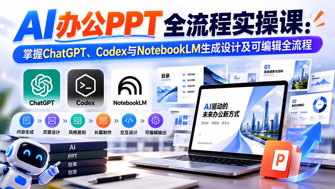 【无水印】AI办公PPT全流程实操课: 掌握ChatGPT、Codex与NotebookLM生成设计及可编辑全流程-小艾项目网