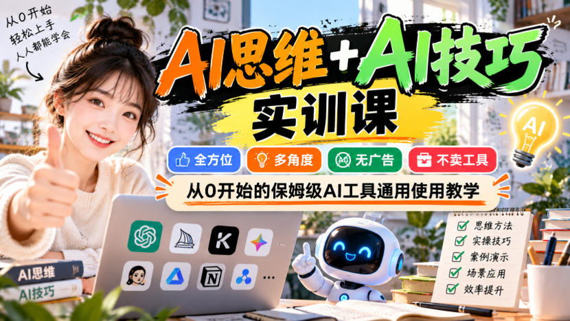 【无水印】AI思维+AI技巧实训课,全方位、多角度、无广告、不卖工具,从0开始的保姆级AI工具通用使用教学-小艾项目网
