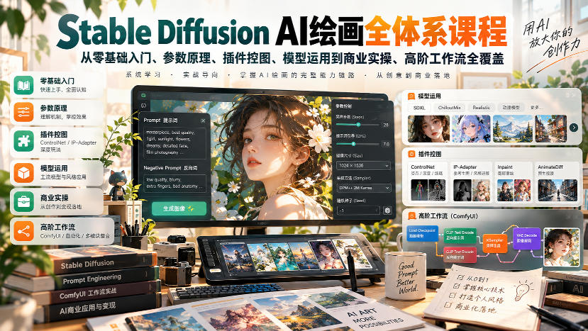 【无水印】Stable Diffusion AI绘画全体系课程,从零基础入门、参数原理、插件控图、模型运用到商业实操、高阶工作流全覆盖-小艾项目网