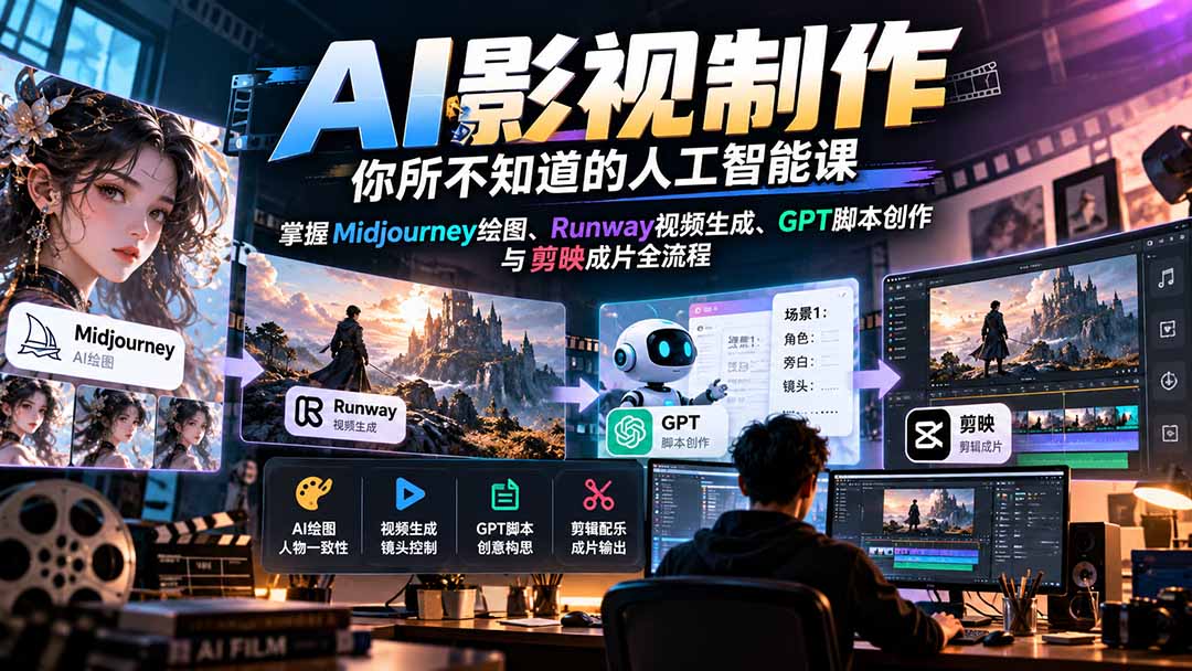 【无水印】AI影视制作-你所不知道的人工智能课,掌握Midjourney绘图、Runway视频生成、GPT脚本创作与剪映成片全流程-小艾项目网