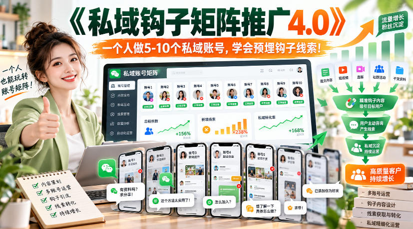 【无水印】《私域钩子矩阵推广4.0》一个人做5-10个私域账号，学会预埋钩子线索！-小艾项目网