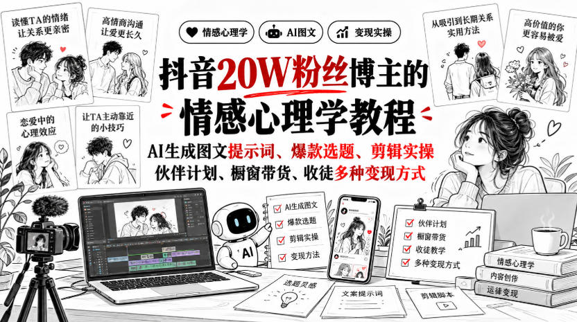 抖音20W粉丝博主静候心声的情感心理学教程,AI生成图文提示词、爆款选题、剪辑实操,伙伴计划、橱窗带货、收徒多种变现方式-小艾项目网