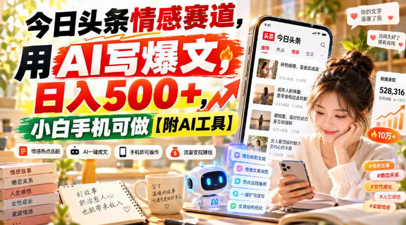 今日头条情感赛道，用AI写爆文，日入500+，小白手机可做【附AI工具】-小艾项目网
