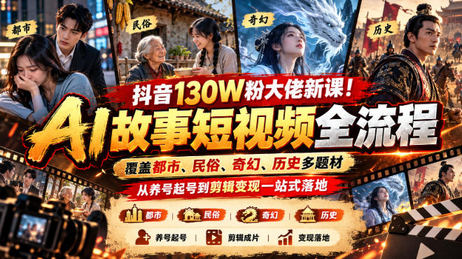 抖音130W粉大佬新课！AI故事短视频全流程，覆盖都市、民俗、奇幻、历史多题材，从养号起号到剪辑变现一站式落地-小艾项目网