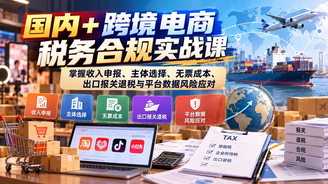 国内+跨境电商税务合规实战课：掌握收入申报、主体选择、无票成本、出口报关退税与平台数据风险应对-小艾项目网