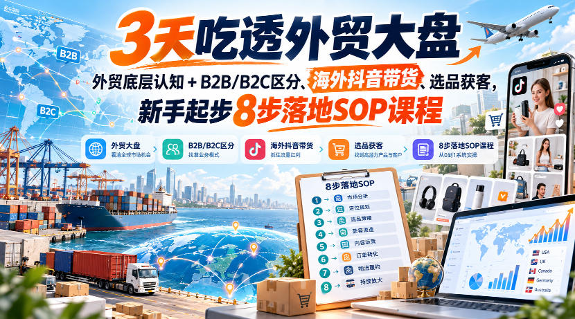 3天吃透外贸大盘，外贸底层认知+B2B/B2C区分、海外抖音带货、选品获客，新手起步8步落地SOP课程-小艾项目网