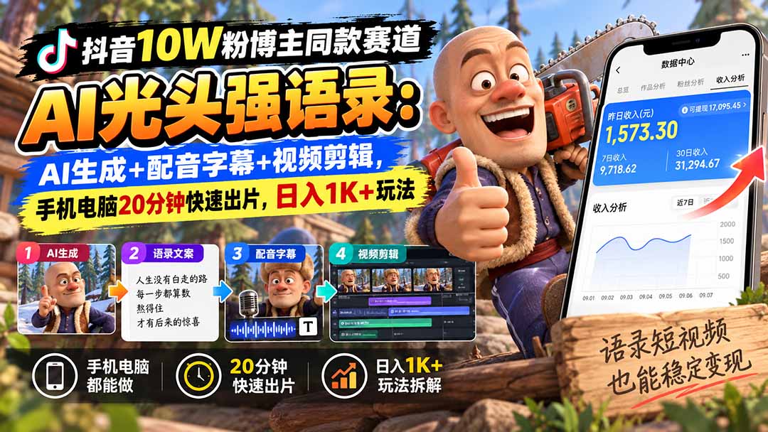 【无水印】抖音10W粉博主同款赛道AI光头强语录：AI生成+配音字幕+视频剪辑，手机电脑20分钟快速出片，日入1K+玩法-小艾项目网