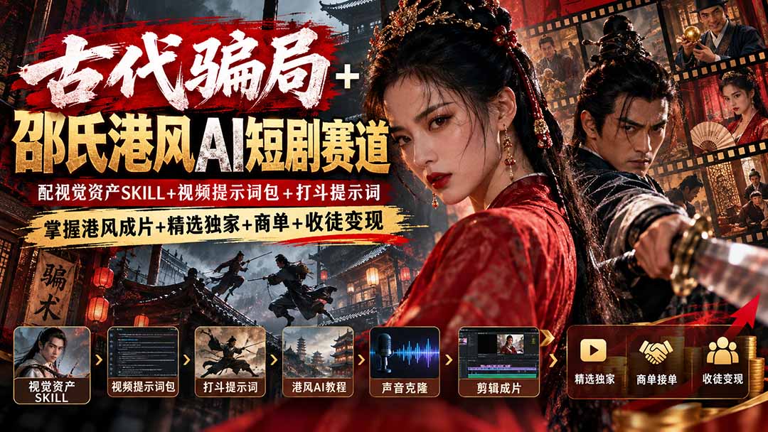 古代骗局+邵氏港风AI短剧赛道：配视觉资产SKILL+视频提示词包+打斗提示词，掌握港风成片+精选独家+商单+收徒变现-小艾项目网