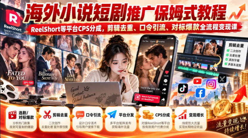 海外小说短剧推广保姆式教程｜ReelShort等平台CPS分成，剪辑去重、口令引流、对标爆款全流程变现课-小艾项目网