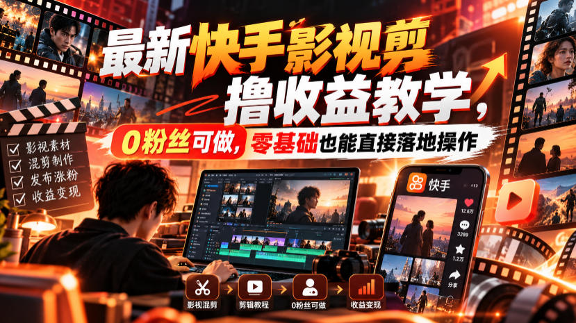 最新快手影视混剪撸收益教学,0粉丝可做,零基础也能直接落地操作-小艾项目网