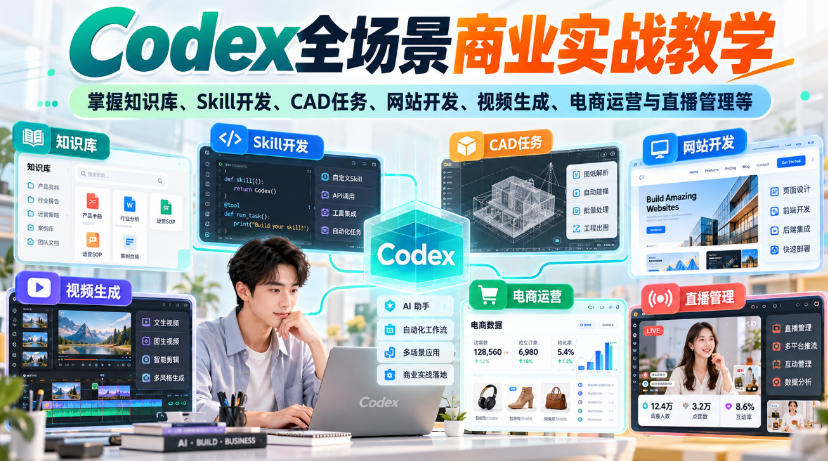 【无水印】Codex全场景商业实战教学,掌握知识库、Skill开发、CAD任务、网站开发、视频生成、电商运营与直播管理等-小艾项目网