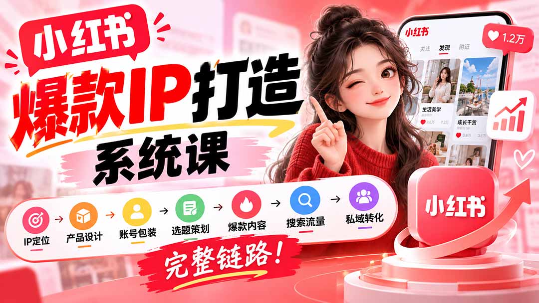 【无水印】小红书爆款IP打造课：IP定位→产品设计→账号包装→选题策划→爆款内容→搜索流量→私域转化，完整链路-小艾项目网