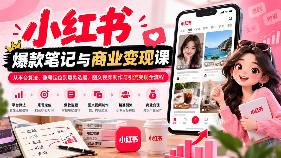 2026小红书爆款笔记与商业变现课：从平台算法、账号定位到爆款选题、图文视频制作与引流变现全流程-小艾项目网