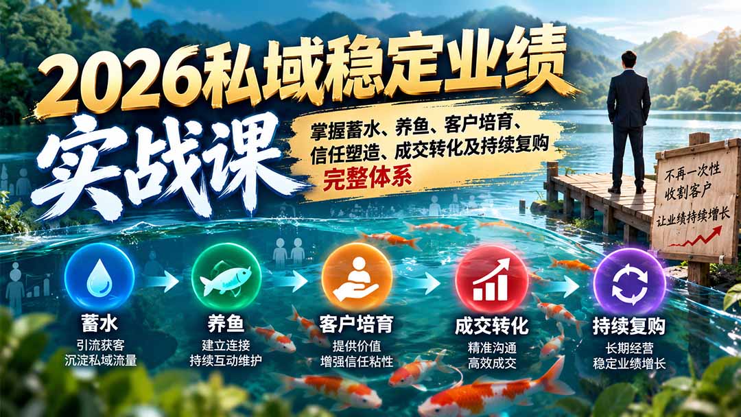 2026私域稳定业绩实战课：掌握蓄水、养鱼、客户培育、信任塑造、成交转化及持续复购完整体系-小艾项目网