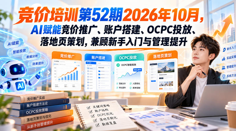 【无水印】竞价培训第52期2026年10月，AI赋能竞价推广、账户搭建、OCPC投放、落地页策划，兼顾新手入门与管理提升-小艾项目网
