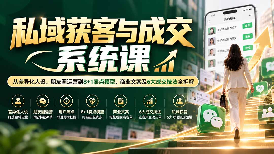 私域获客与成交系统课：从差异化人设、朋友圈运营到8+1卖点模型、商业文案及6大成交技法全拆解-小艾项目网