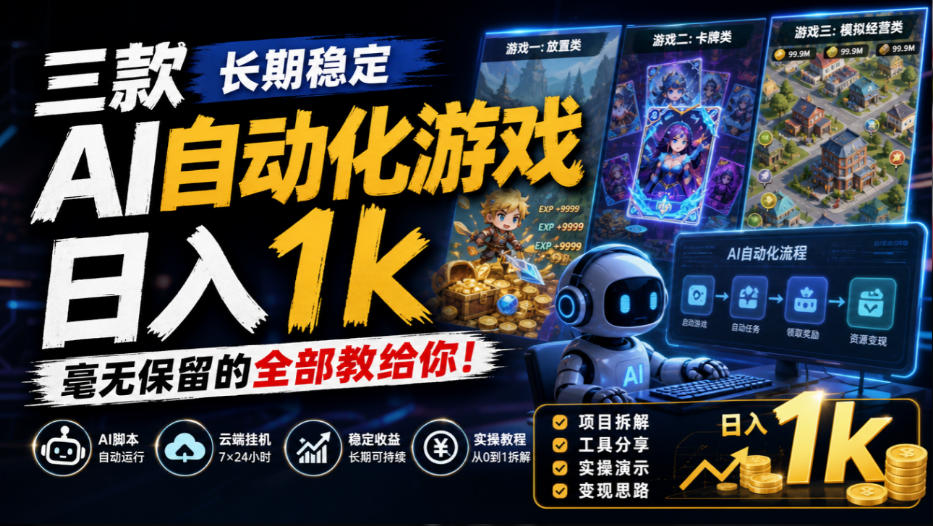 三款长期稳定AI自动化游戏,日入1k,毫无保留的全部教给你!【揭秘】-小艾项目网