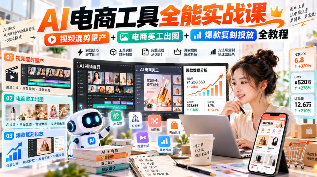 AI电商工具全能实战教学，视频混剪量产+电商美工出图+爆款复刻投放全教程​