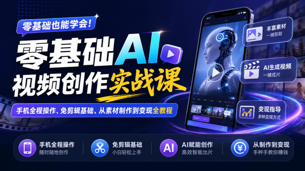 零基础AI视频创作实战课|手机全程操作、免剪辑基础、从素材制作到变现全教程-小艾项目网