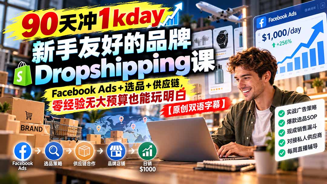 90天冲1kday 新手友好的品牌Dropshipping课：Facebook Ads+选品+供应链，零经验无大预算也能玩明白【原创双语字幕】-小艾项目网