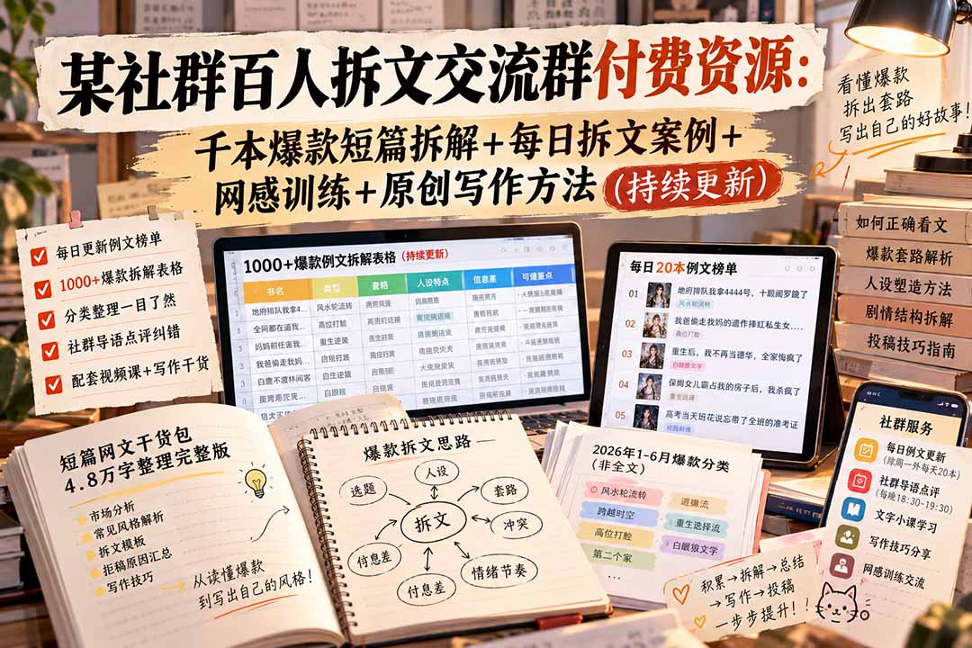 某社群百人拆文交流群付费资源-更新0929:千本爆款短篇拆解+每日拆文案例+网感训练+原创写作方法-小艾项目网