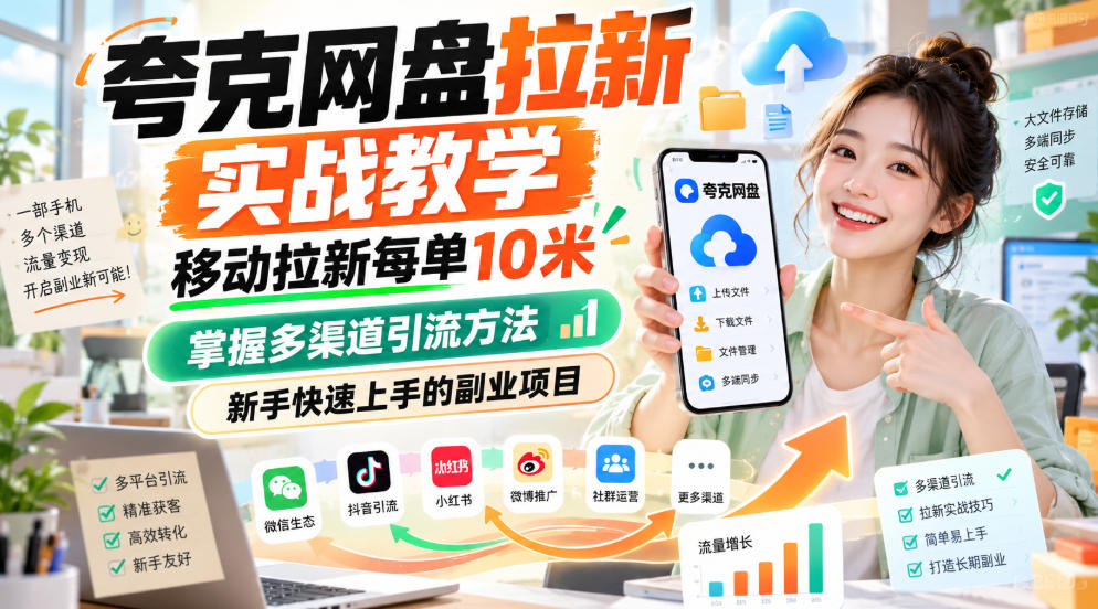 夸克网盘拉新实战教学,移动拉新每单10米,掌握多渠道引流方法,新手快速上手的副业项目(更新0929)-小艾项目网