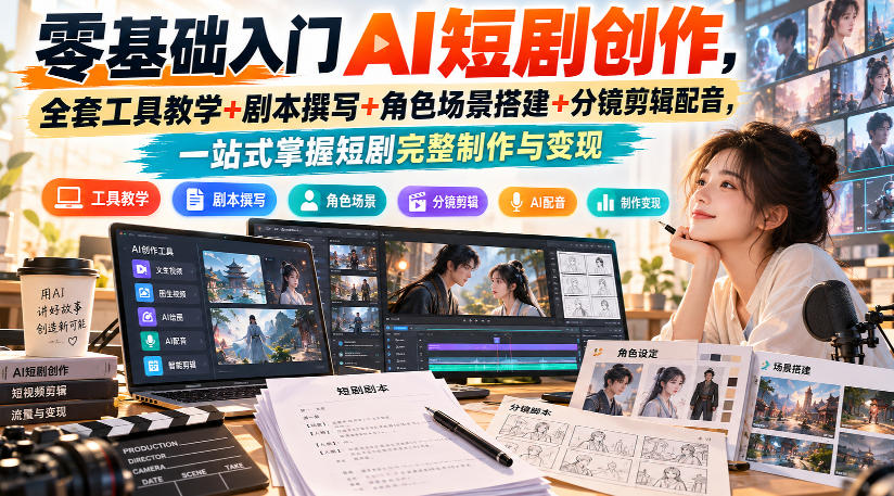 零基础入门AI短剧创作,全套工具教学+剧本撰写+角色场景搭建+分镜剪辑配音,一站式掌握短剧完整制作与变现-小艾项目网