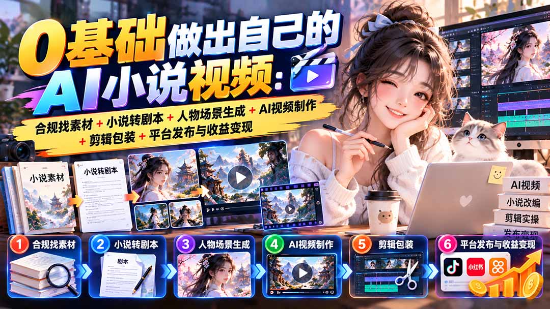0基础做出自己的AI小说视频:合规找素材+小说转剧本+人物场景生成+AI视频制作+剪辑包装+平台发布与收益变现-小艾项目网