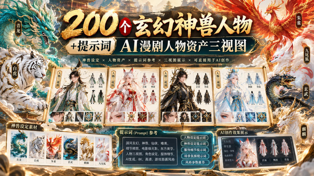 200个玄幻神兽人物+提示词ai漫剧人物资产三视图-小艾项目网