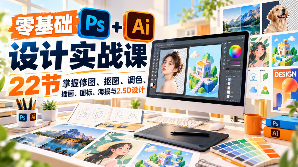 【无水印】零基础PS+AI设计实战课｜22节掌握修图、抠图、调色、插画、图标、海报与2.5D设计-小艾项目网