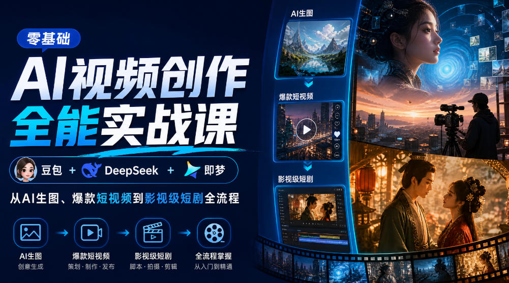 零基础AI视频创作全能实战课｜豆包+DeepSeek+即梦，从AI生图、爆款短视频到影视级短剧全流程-小艾项目网