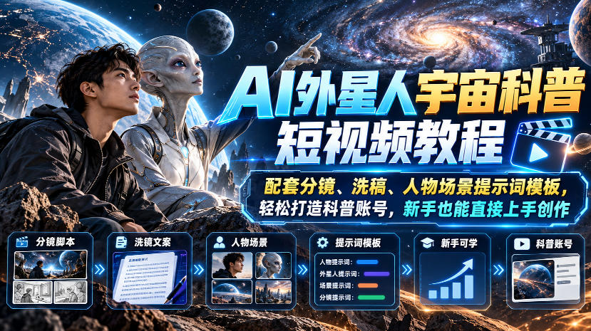 AI外星人宇宙科普短视频教程,配套分镜、洗稿、人物场景提示词模板,轻松打造科普账号,新手也能直接上手创作-小艾项目网