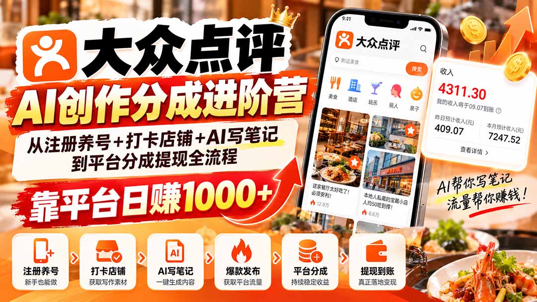 大众点评AI创作分成进阶营：从注册养号+打卡店铺+AI写笔记到平台分成提现全流程，靠平台日赚1000+-小艾项目网