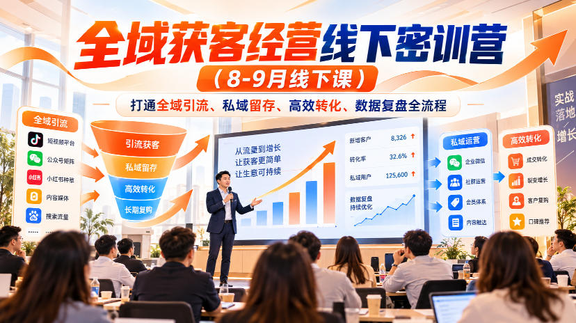 全域获客经营线下密训营(8-9月线下课)，打通全域引流、私域留存、高效转化、数据复盘全流程-小艾项目网
