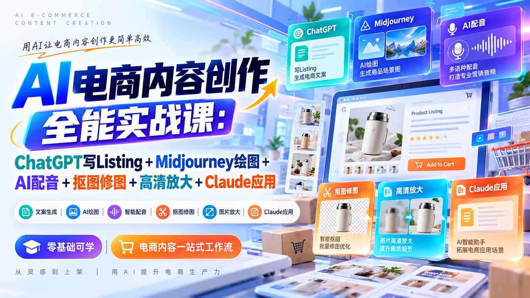【无水印】AI电商内容创作全能实战课：ChatGPT写Listing+Midjourney绘图+AI配音+抠图修图+高清放大+Claude应用-小艾项目网