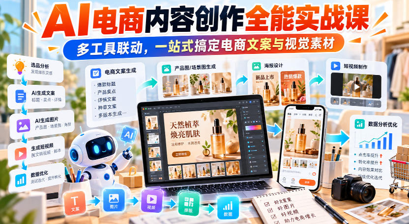 【无水印】AI电商内容创作全能实战课｜多工具联动，一站式搞定电商文案与视觉素材-小艾项目网